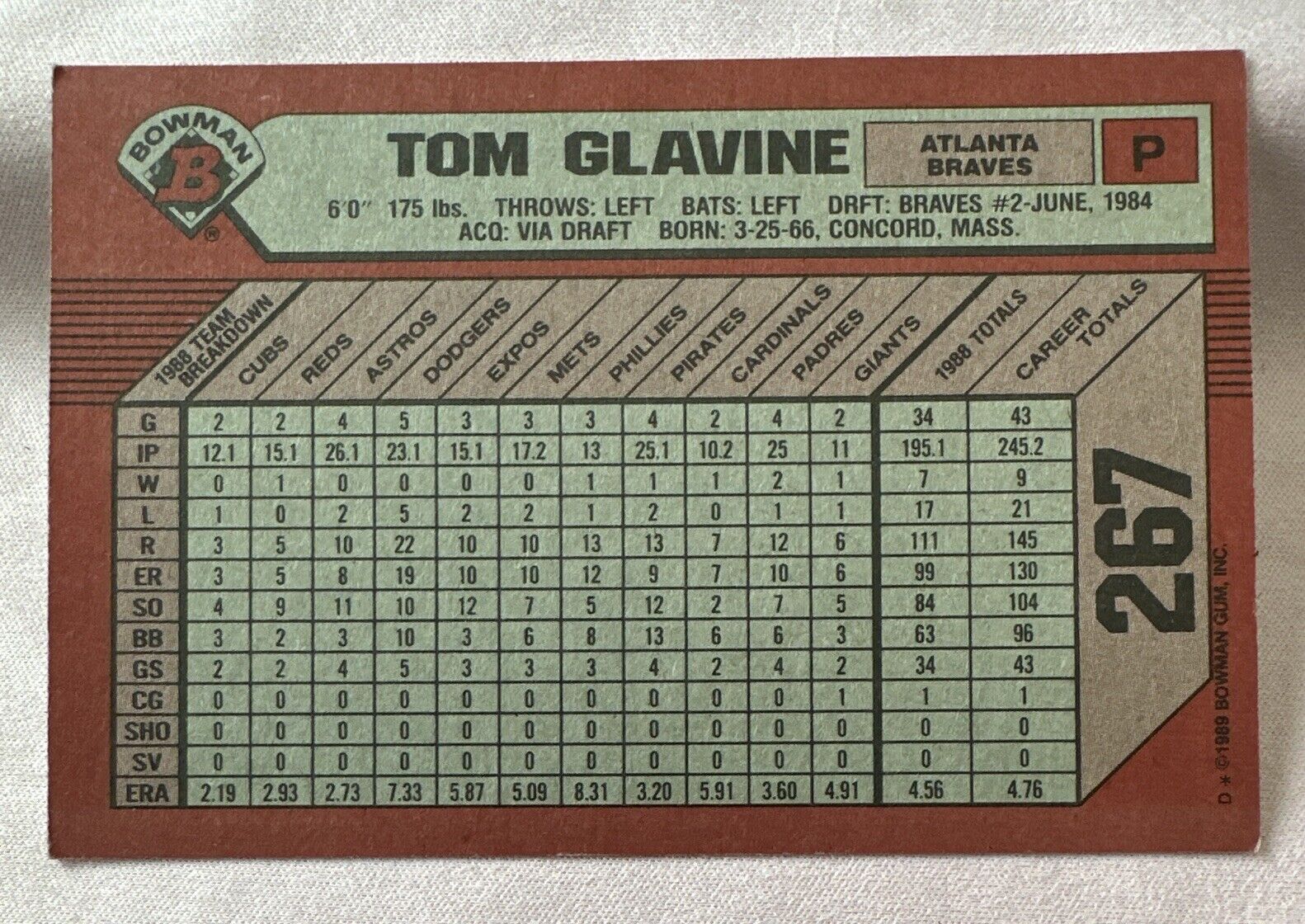 1989 Bowman - #267 Tom Glavine