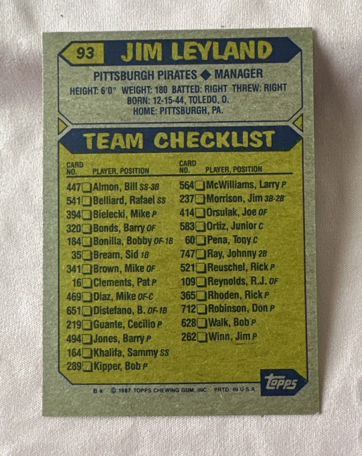 1987 Topps - Tiffany #93 Jim Leyland (Manager)