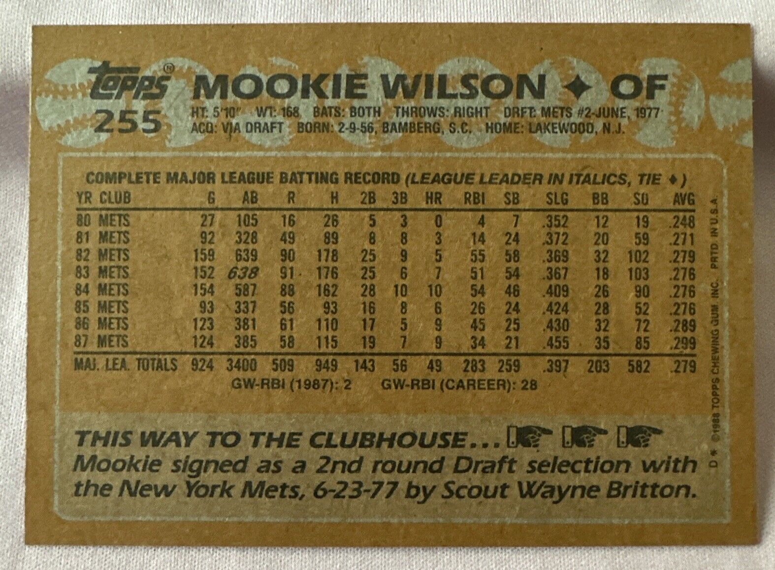 1988 Topps - #255 Mookie Wilson